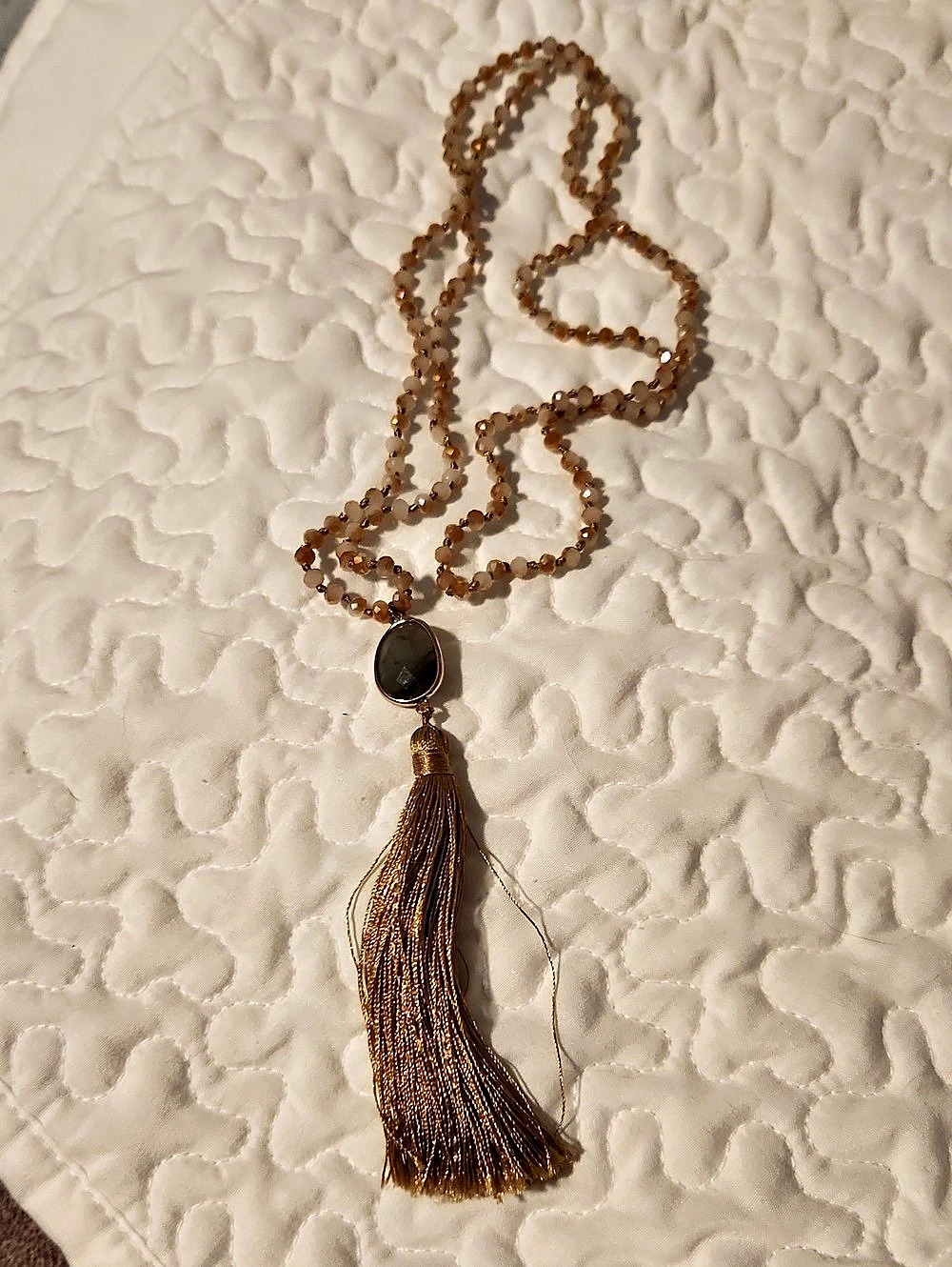 Beaded Tassel Necklace in Brown & Gold